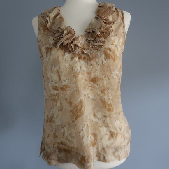 Talbots Tops - TALBOTS TAN RUFFLE NECK SLEEVELESS SILK BLOUSE